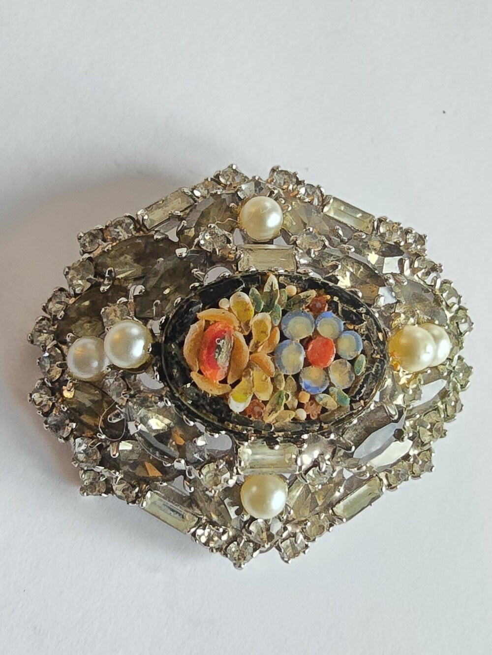 Vintage brooch mosaic and rhinestones pendant pin silver tone flower floral